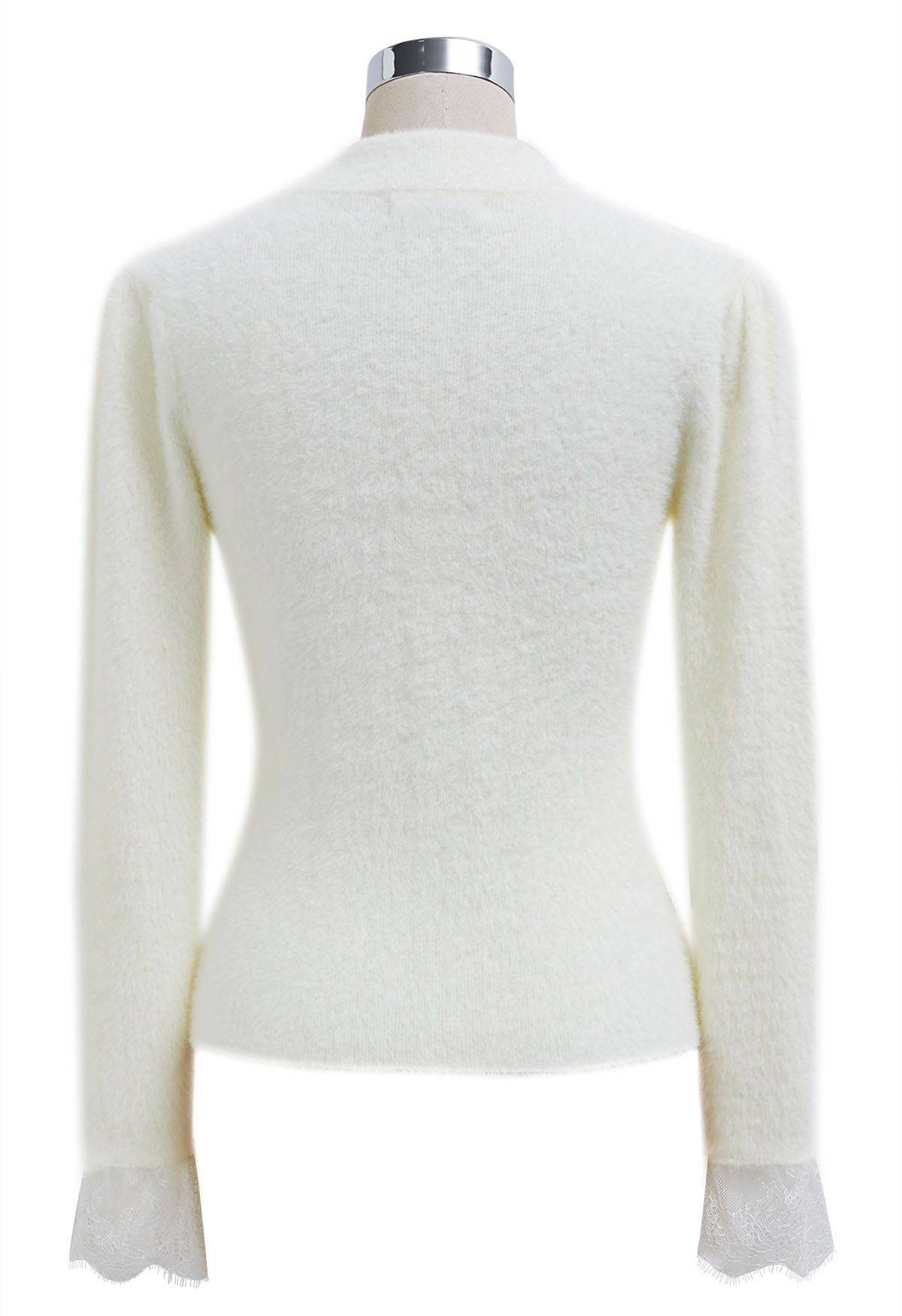 Choker Neck Lace Panel Fuzzy Knit Top in White