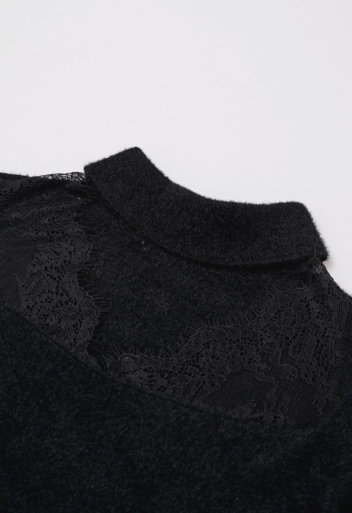 Choker Neck Lace Panel Fuzzy Knit Top in Black