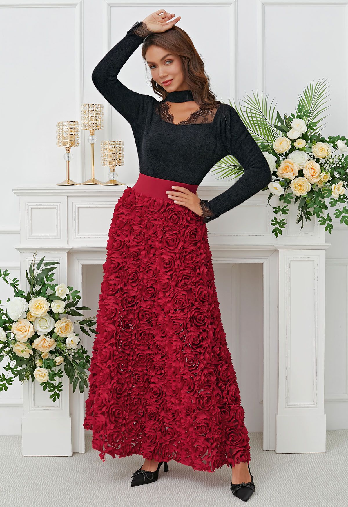 Rose Petal Embellished Mesh Maxi Skirt in Red