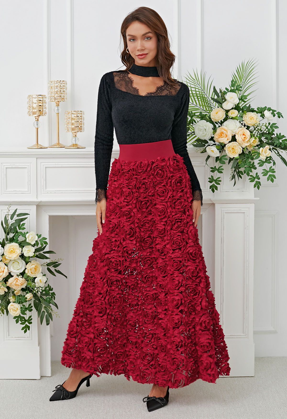 Rose Petal Embellished Mesh Maxi Skirt in Red