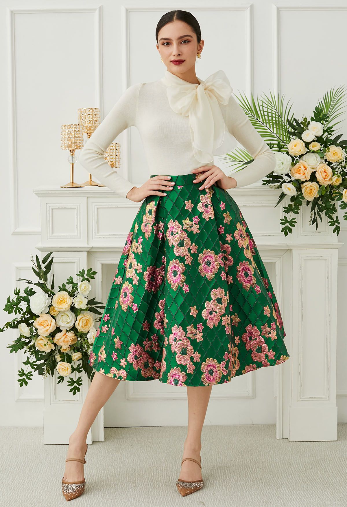 Falling Floral Grid Jacquard Midi Skirt in Green