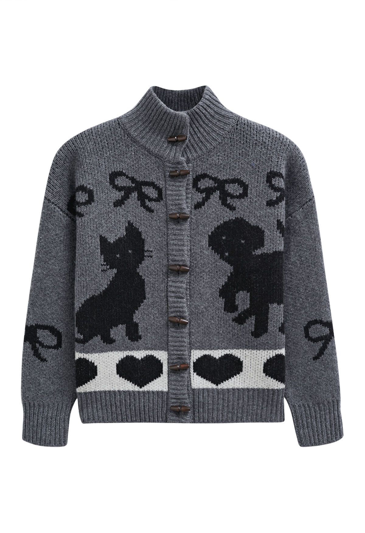 Bubbly Animal Button Down Ribbed Wool Cardigan in Smoke