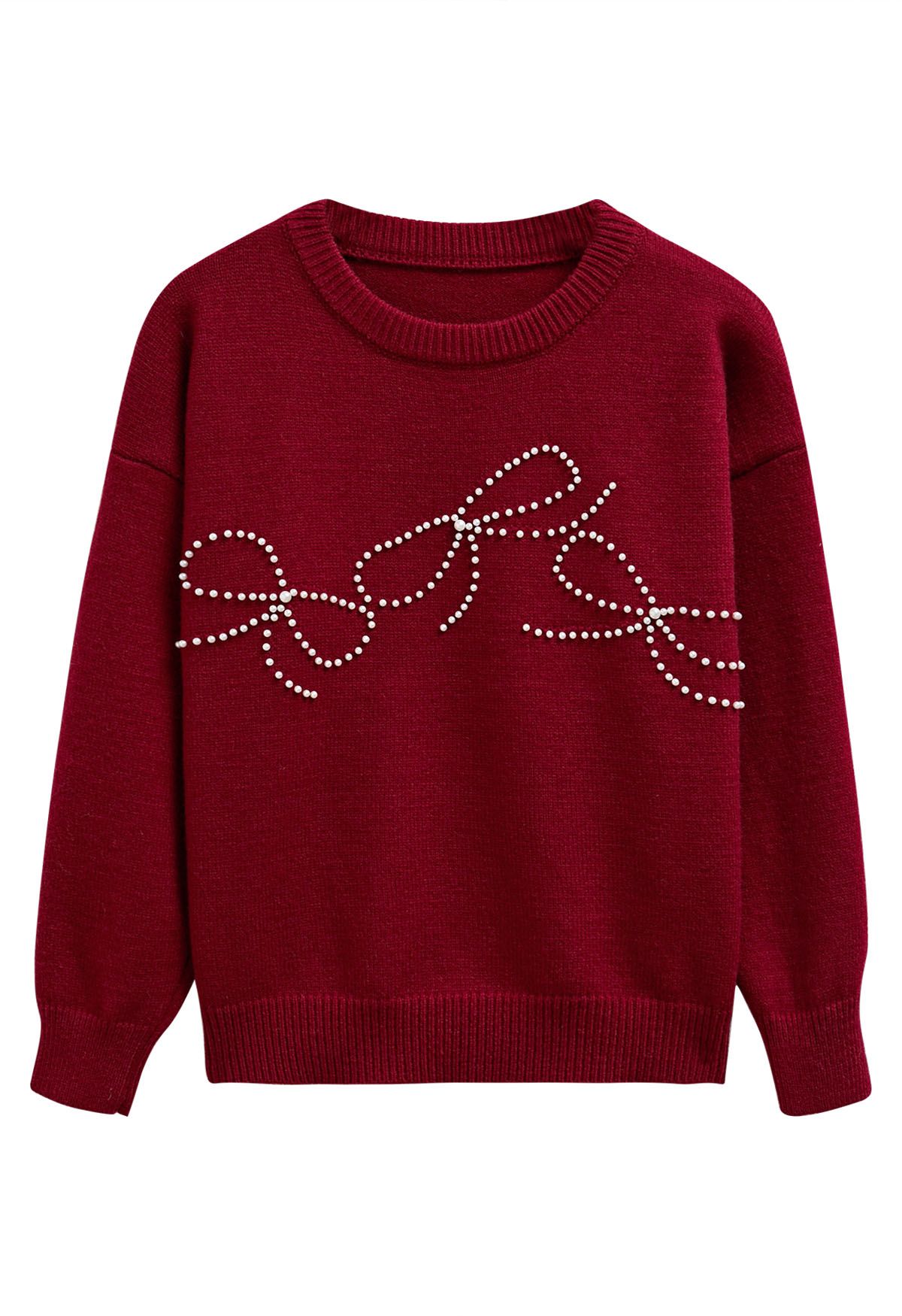 Adorable Bowknot Pearl Trim Knit Sweater