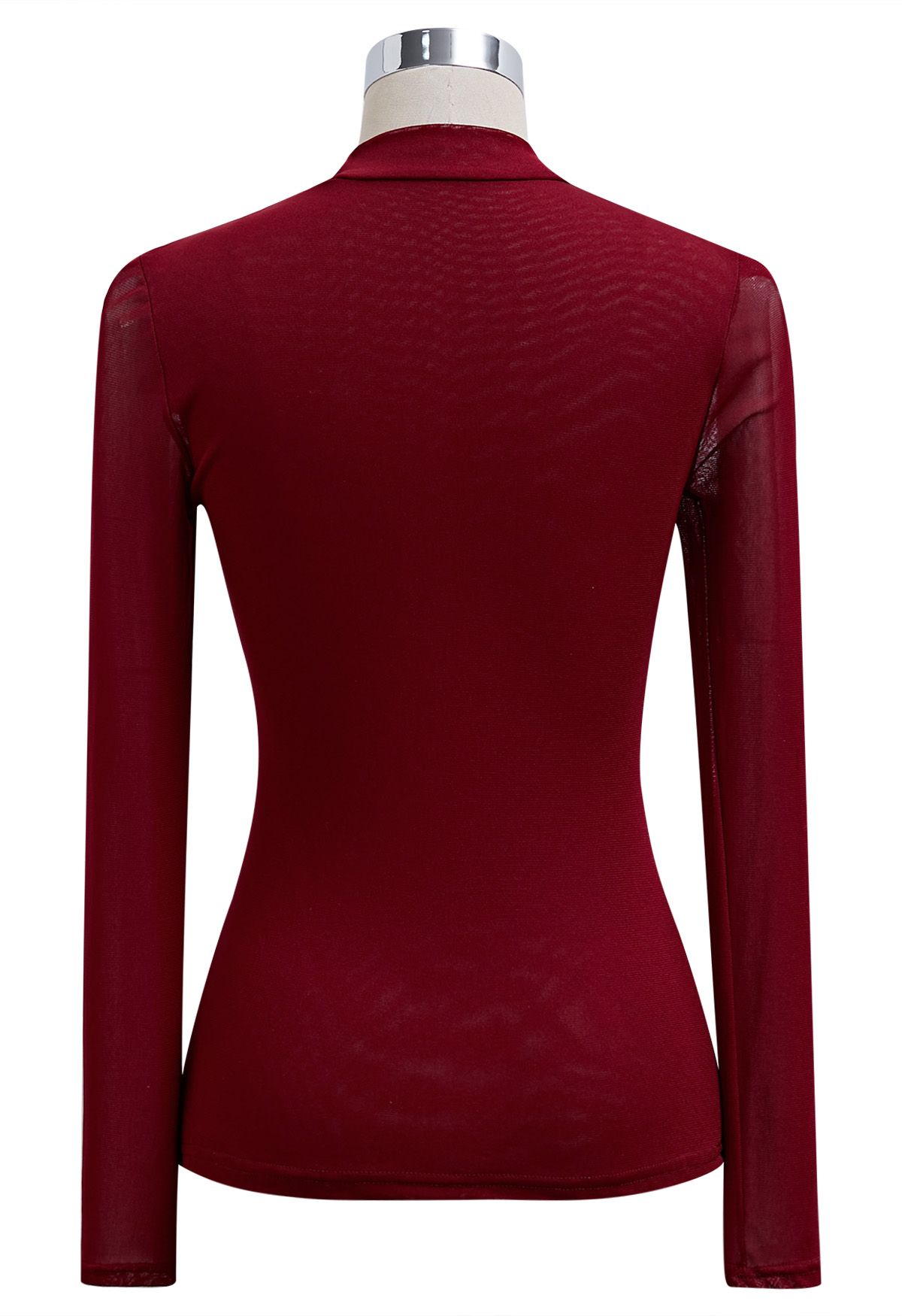 Double-Layered Mesh Spliced Fitted Top in Red