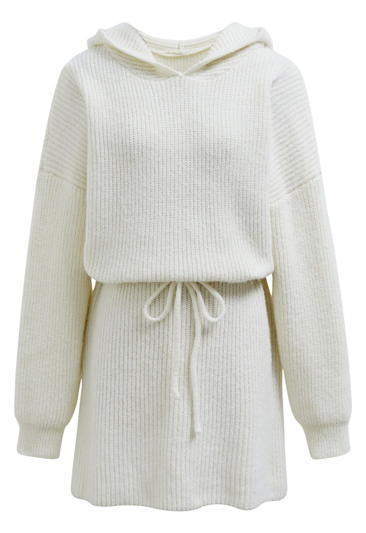 Drawstring Waist Hooded Ribbed Knit Sweater Dress in White