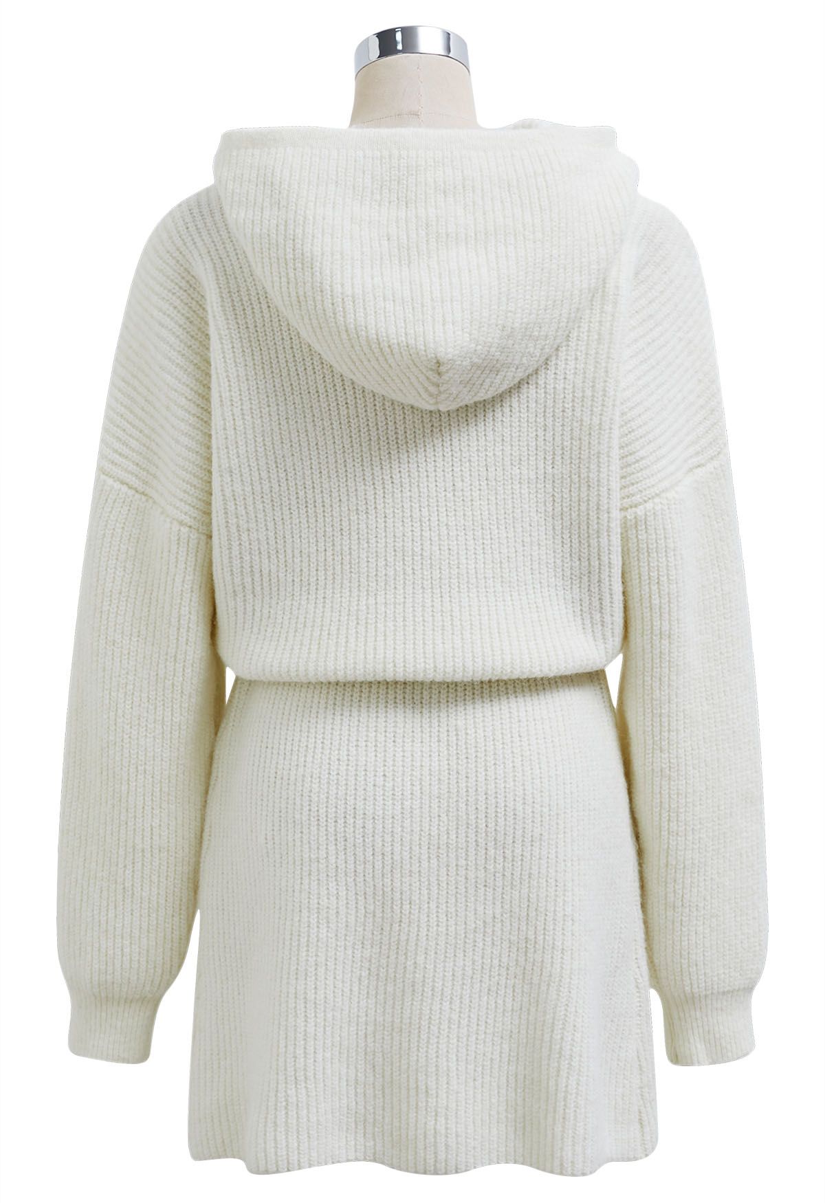 Drawstring Waist Hooded Ribbed Knit Sweater Dress in White