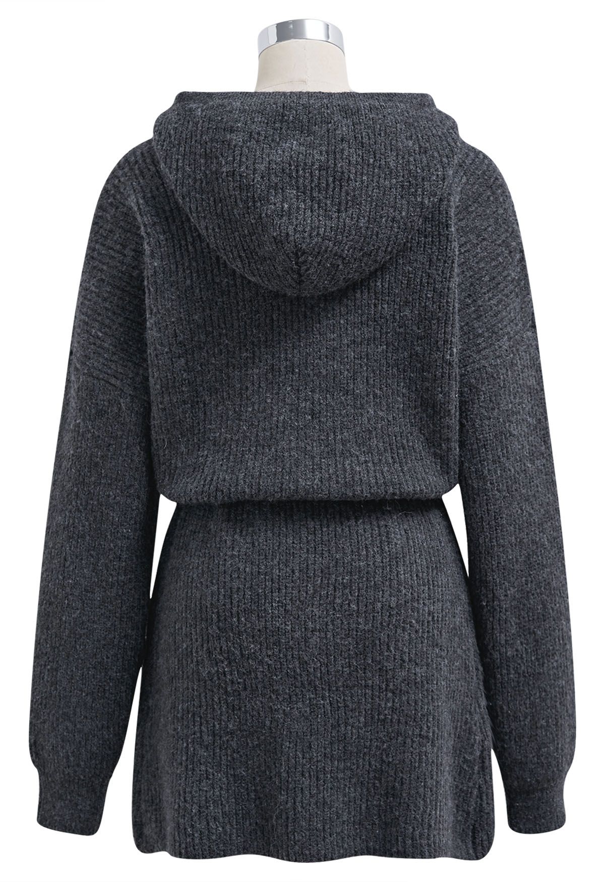 Drawstring Waist Hooded Ribbed Knit Sweater Dress in Smoke