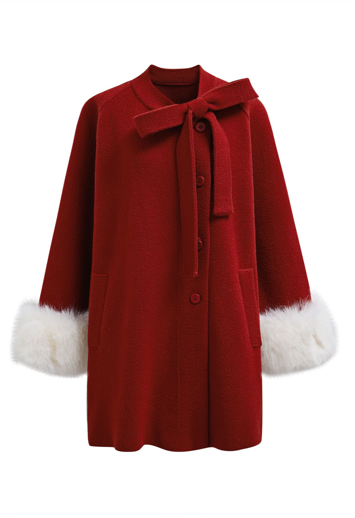 Pretty Bowknot Faux Fur Buttoned Knit Coat in Red