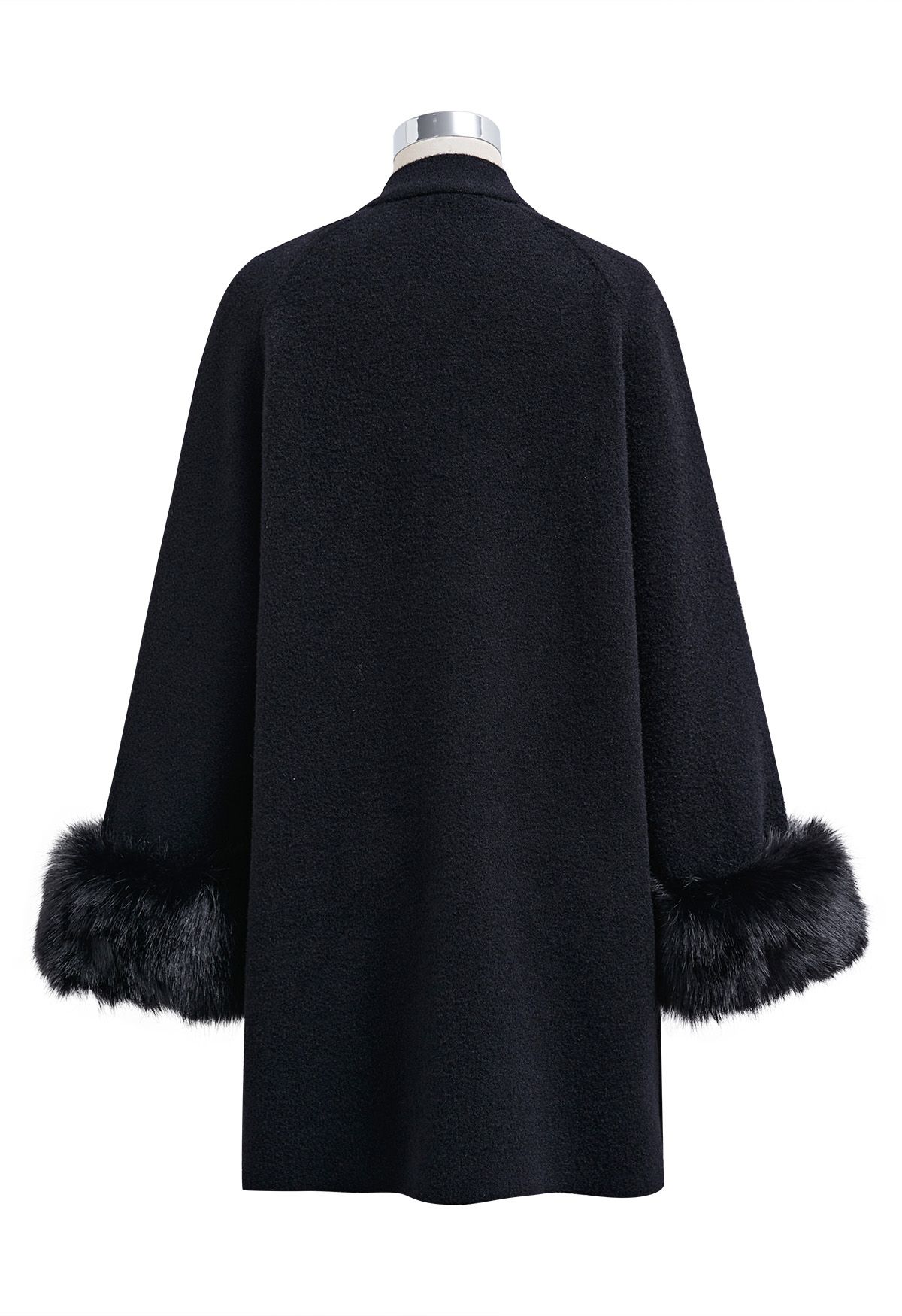 Pretty Bowknot Faux Fur Buttoned Knit Coat in Black