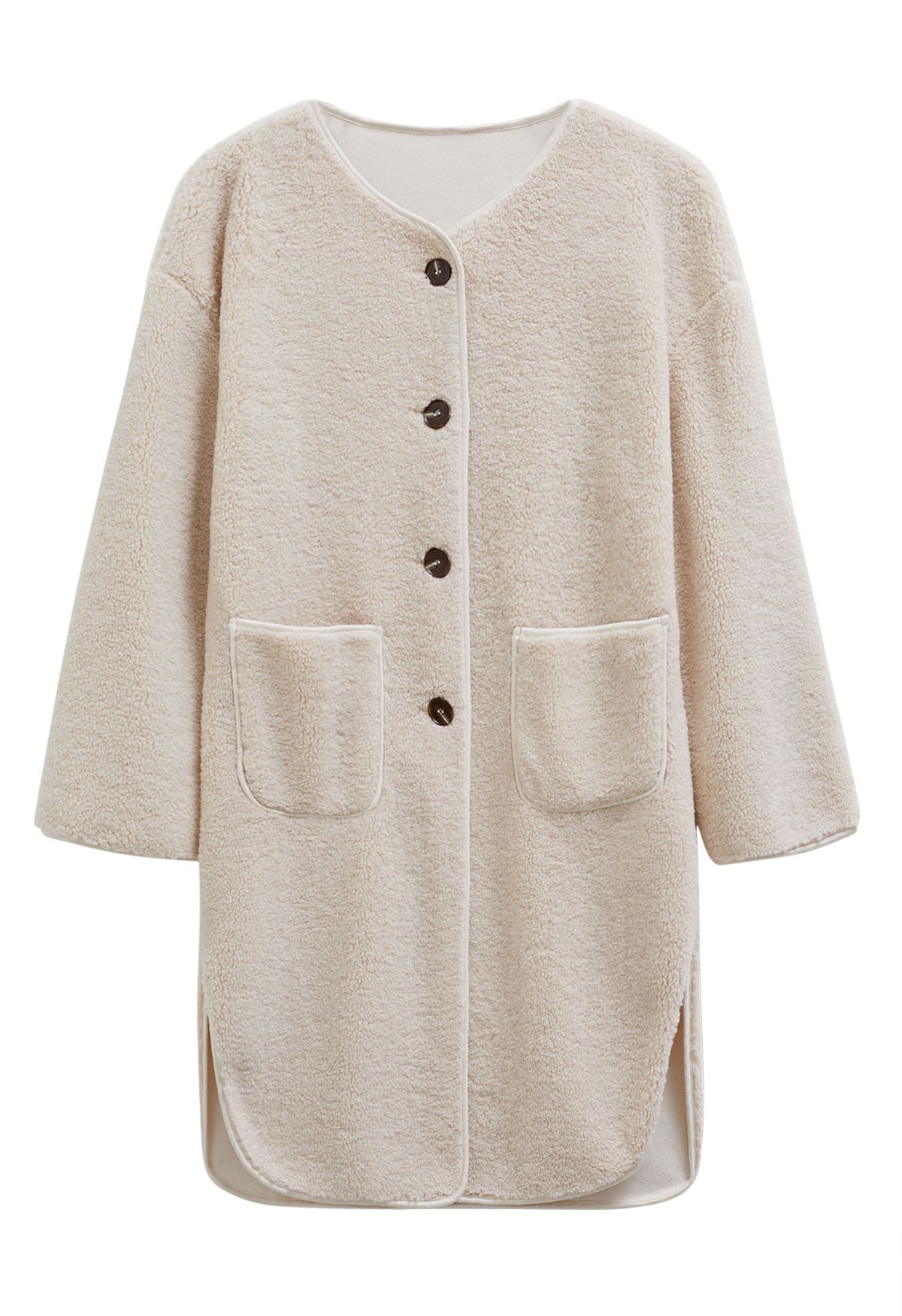 Collarless Button Down Sherpa Longline Coat in Ivory