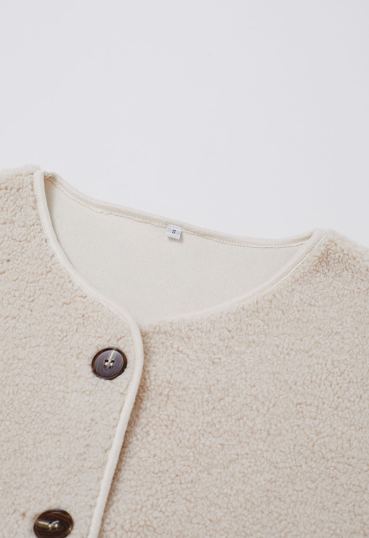 Collarless Button Down Sherpa Longline Coat in Ivory