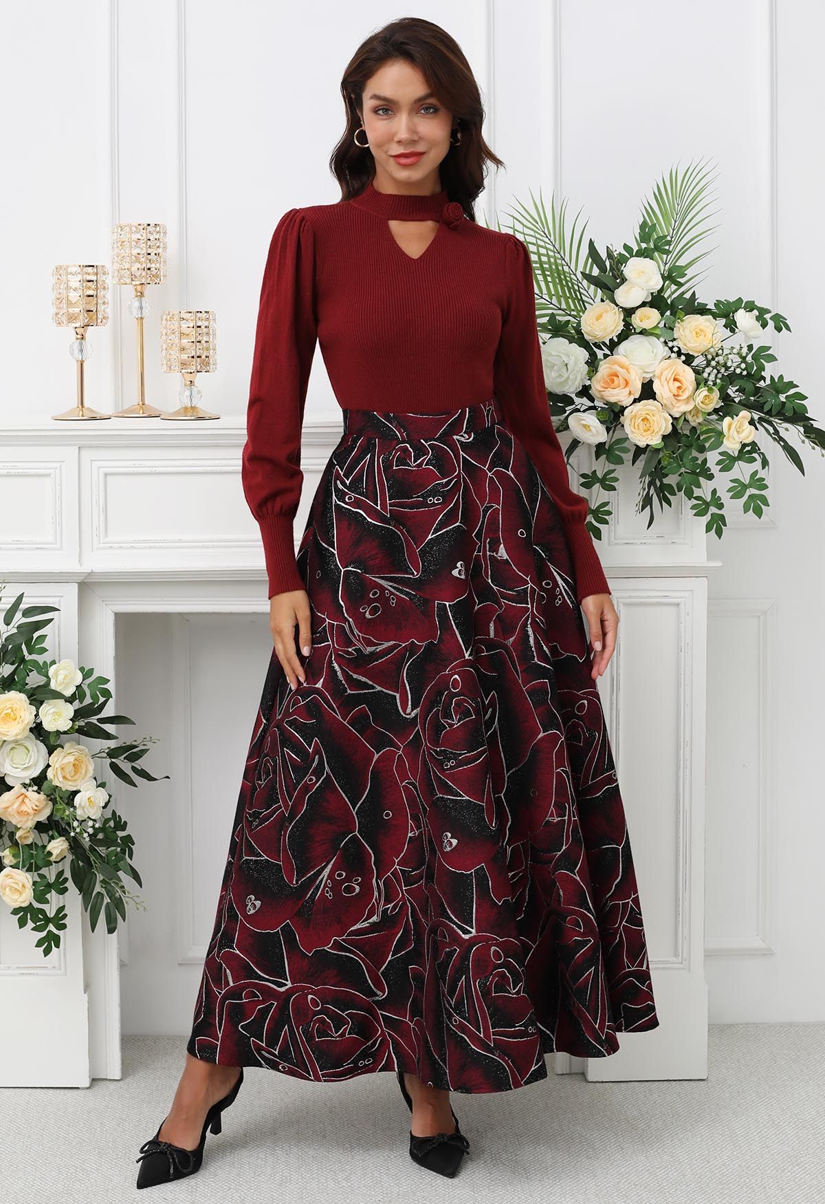 Abstract Rose Jacquard A-Line Maxi Skirt