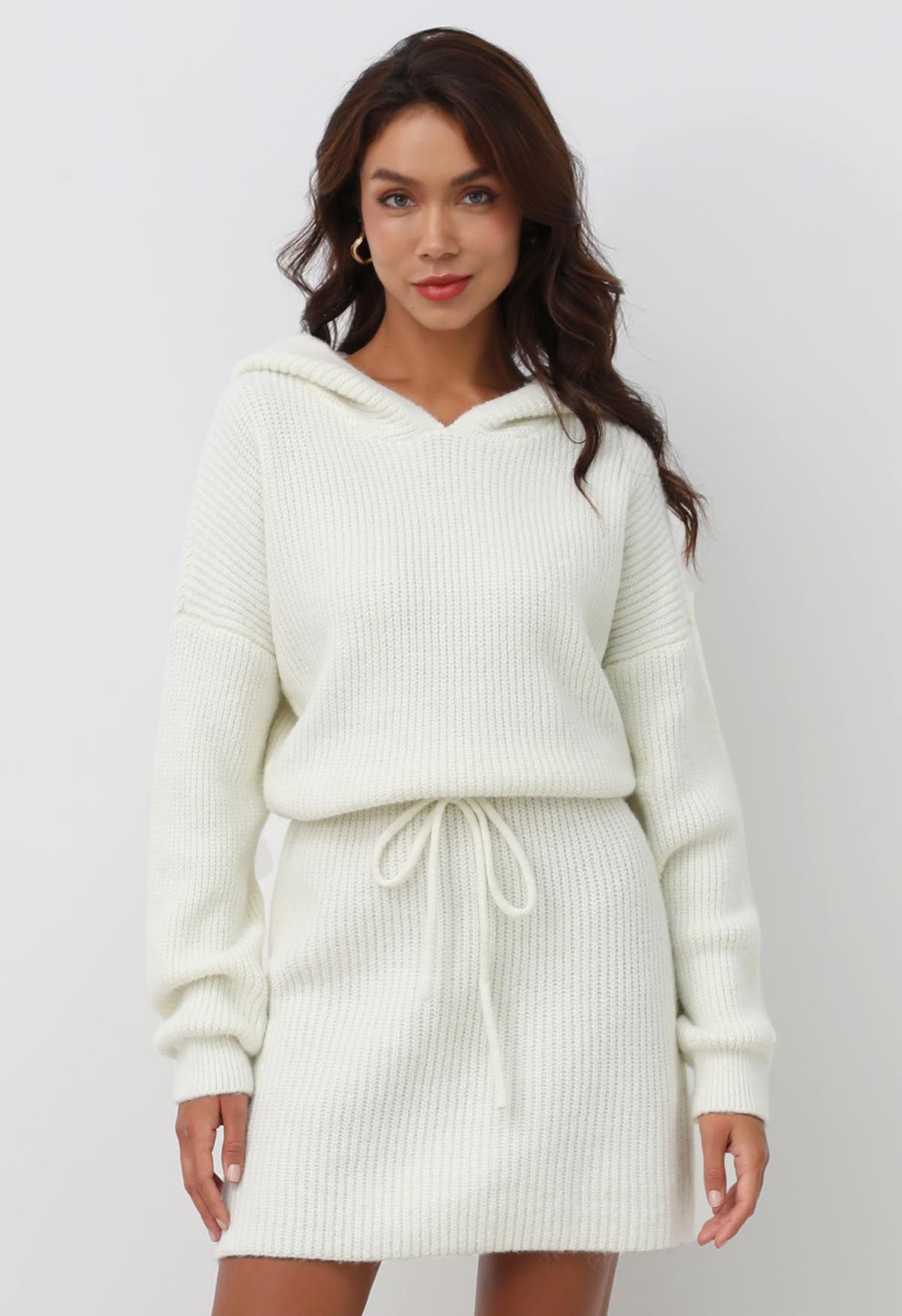 Drawstring Waist Hooded Ribbed Knit Sweater Dress in White