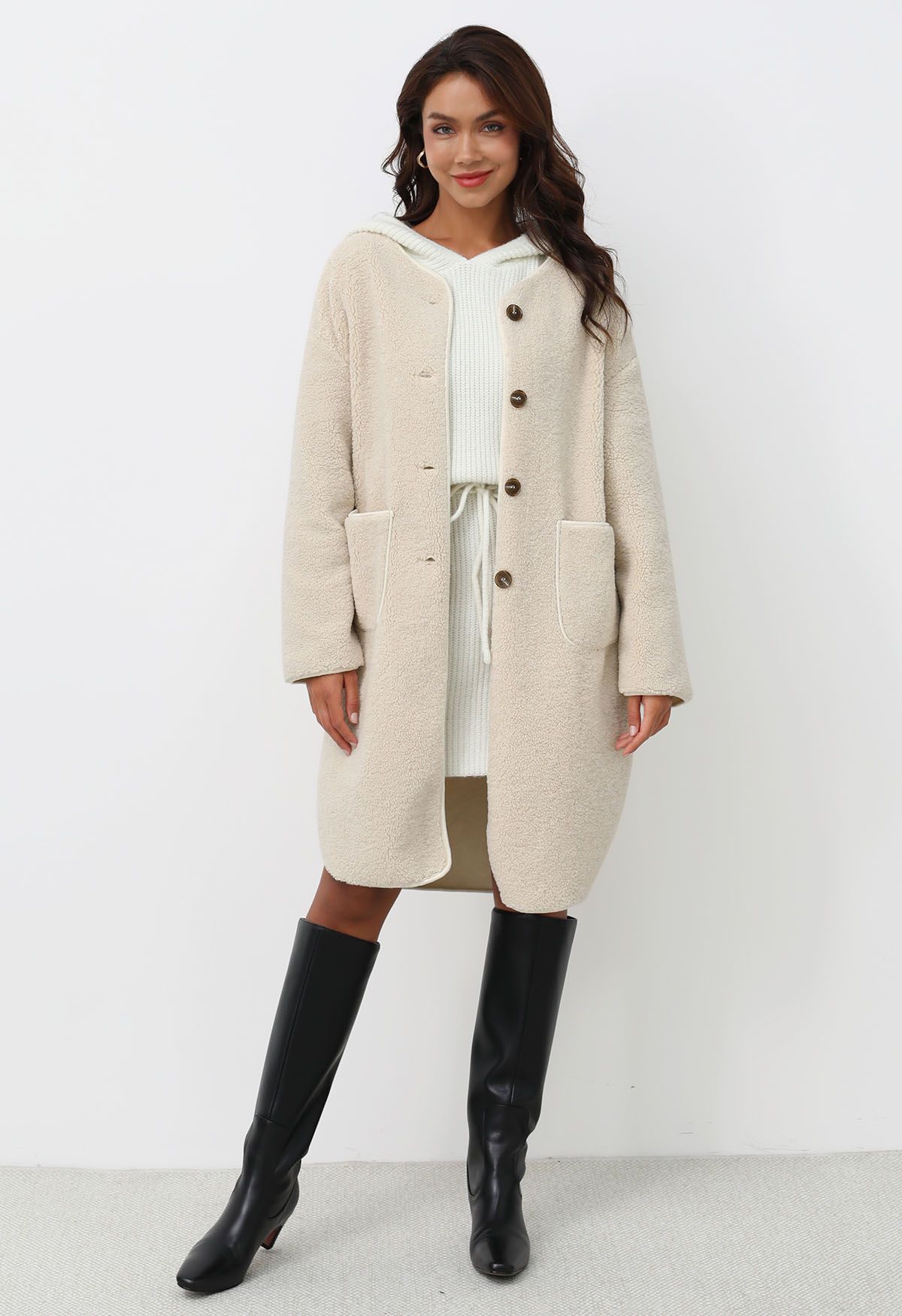 Collarless Button Down Sherpa Longline Coat in Ivory