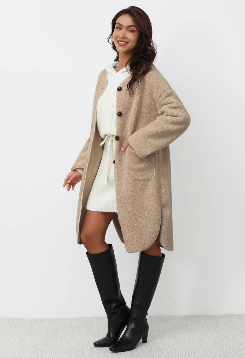 Collarless Button Down Sherpa Longline Coat in Khaki