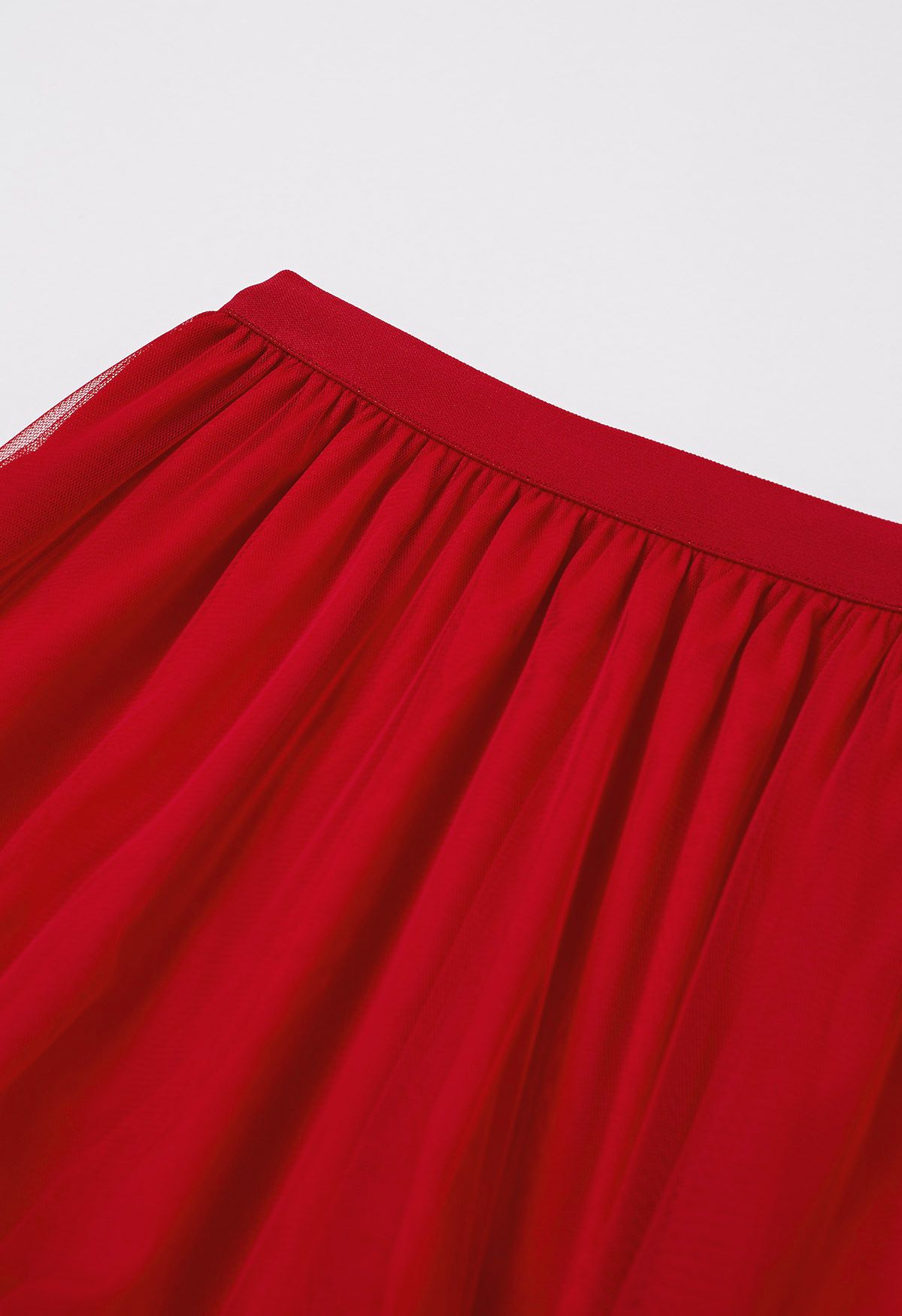 Ruffle Hem Double-Layered Mesh Maxi Skirt in Red