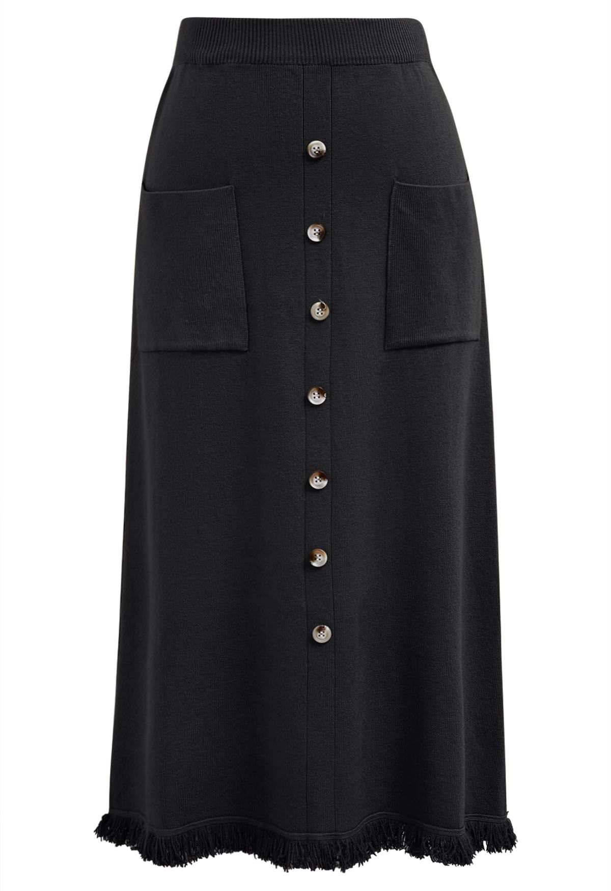 Button Trim Fringe Hem Knit Midi Skirt in Black