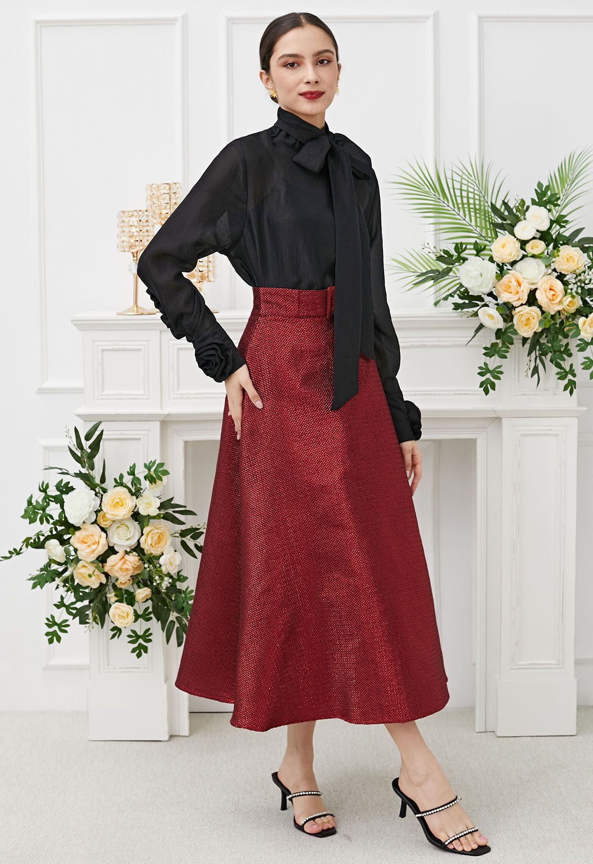 Metallic Embossed Belted A-Line Maxi Skirt in Red