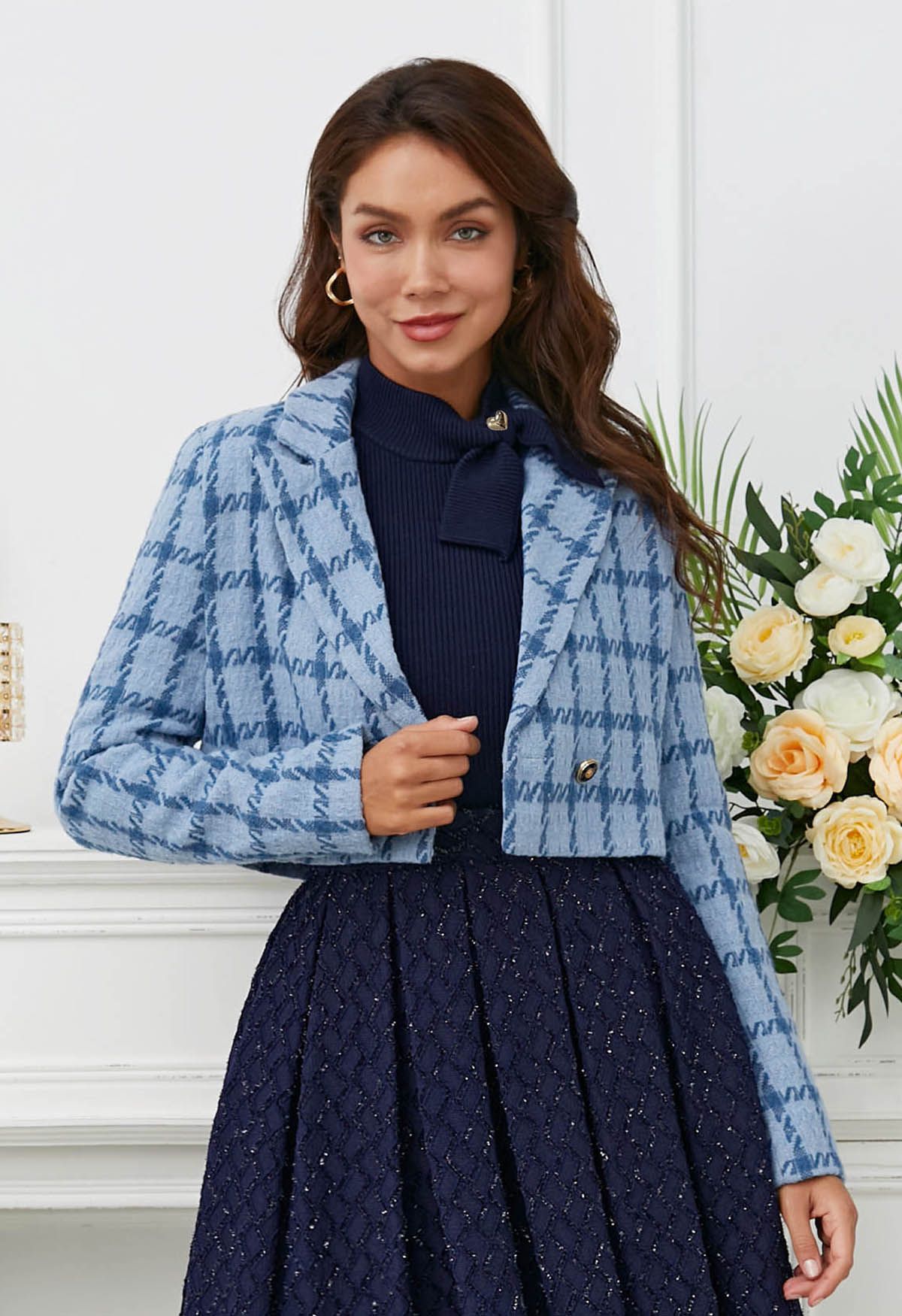 Check Tweed Padded Shoulder Cropped Blazer in Blue