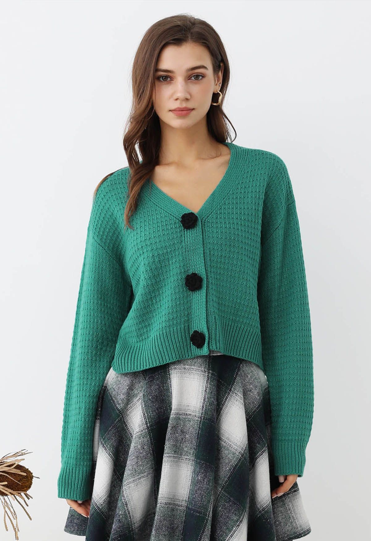 Stitch Rose Buttoned Crop Knit Cardigan in Teal