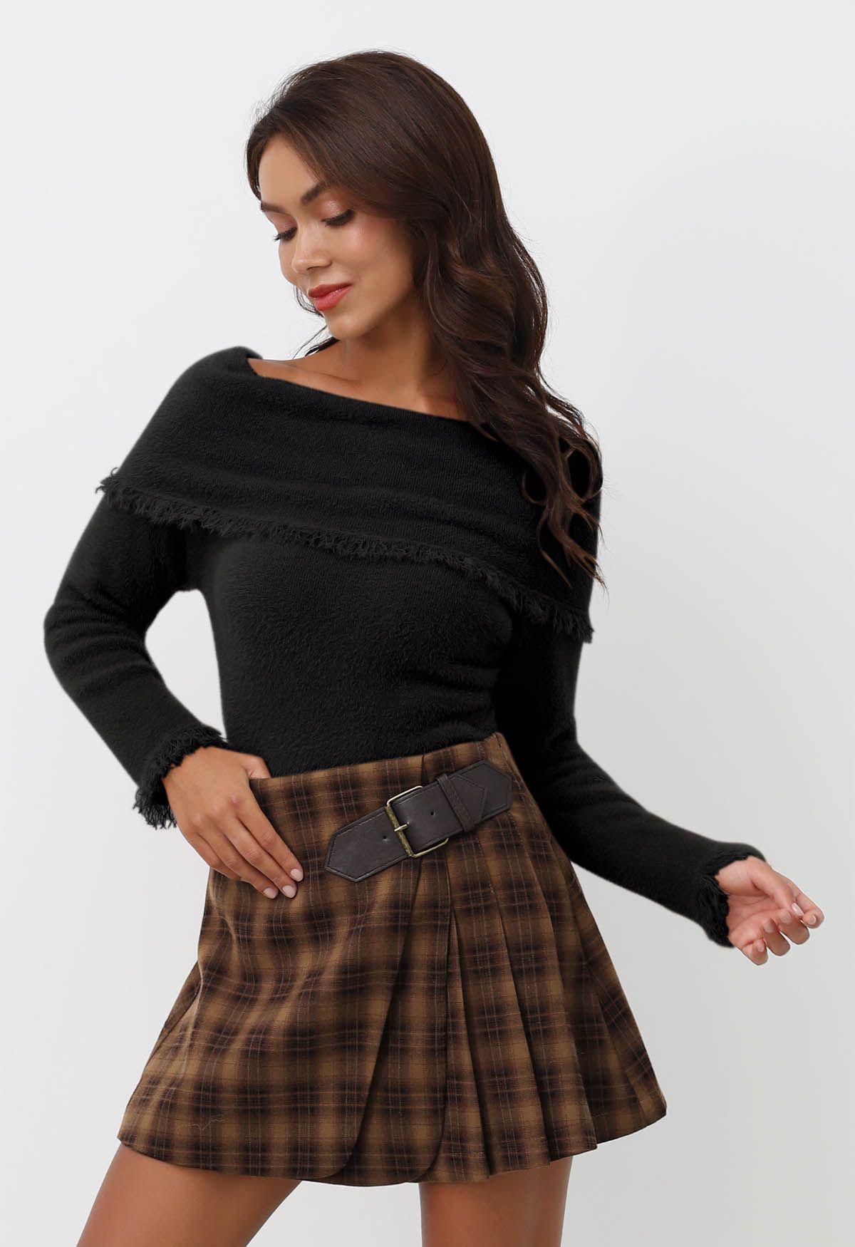 Tassel Folded Off-Shoulder Fuzzy Knit Top in Black