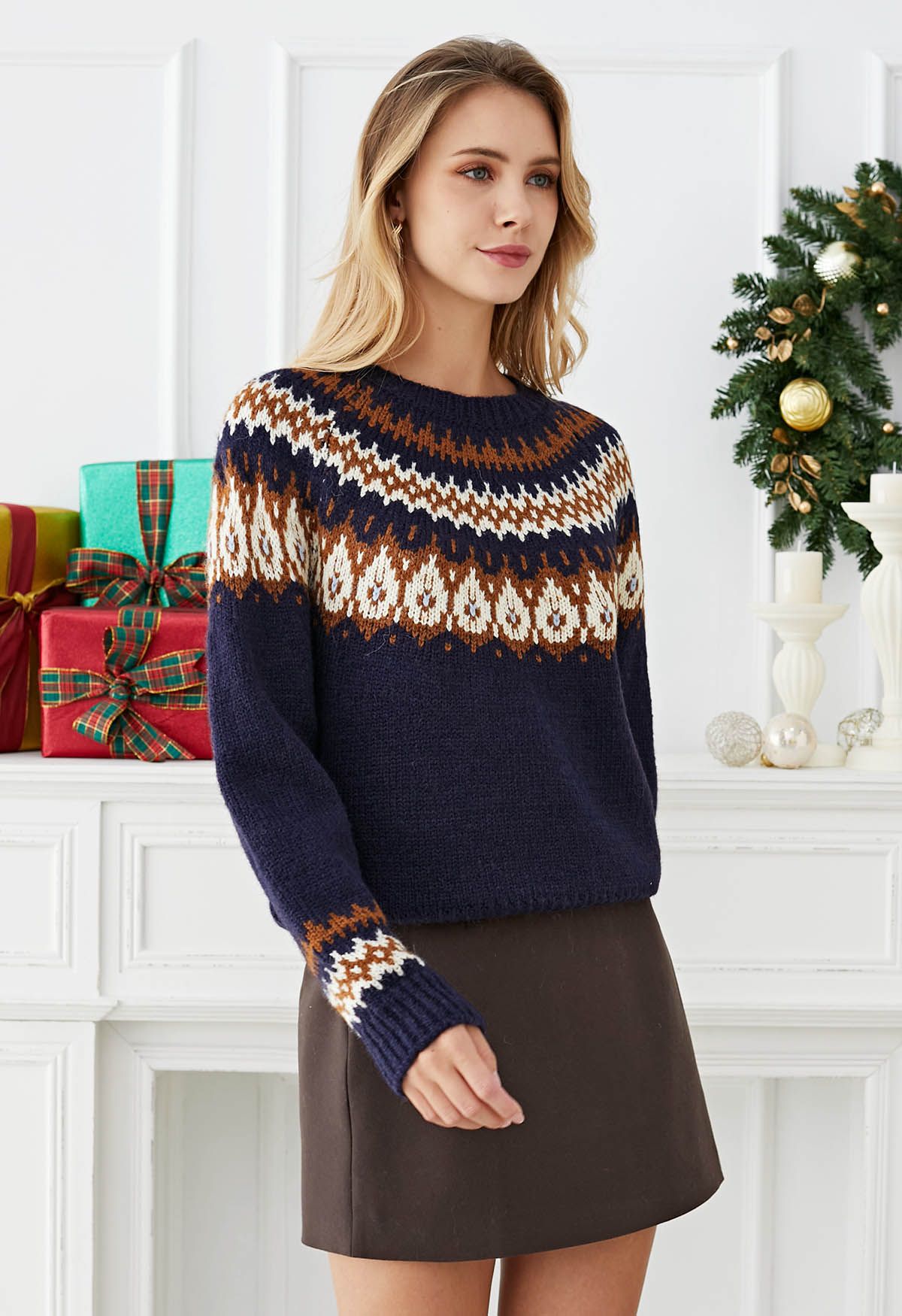 Playful Waterdrop Fair Isle Knit Sweater in Navy