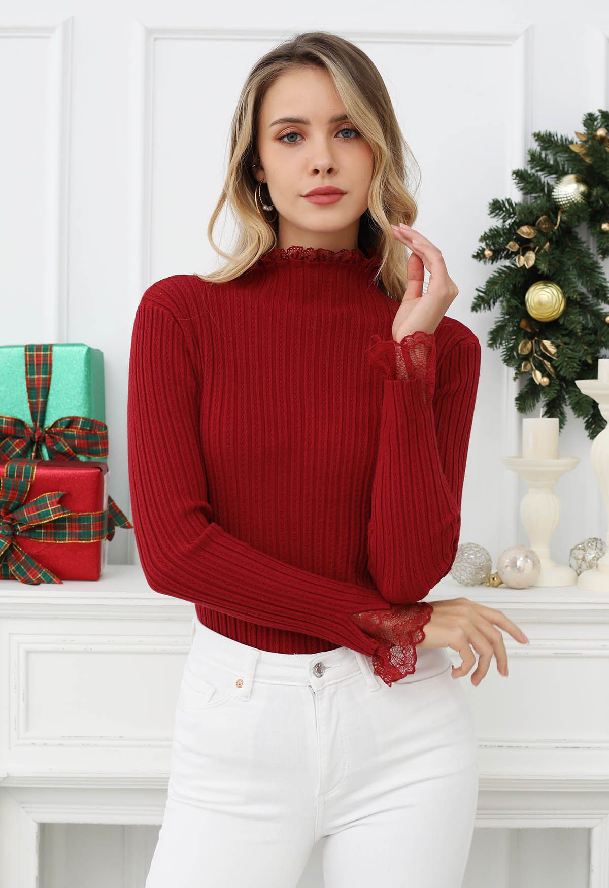 Lace Trim Mock Neck Ribbed Knit Top in Red