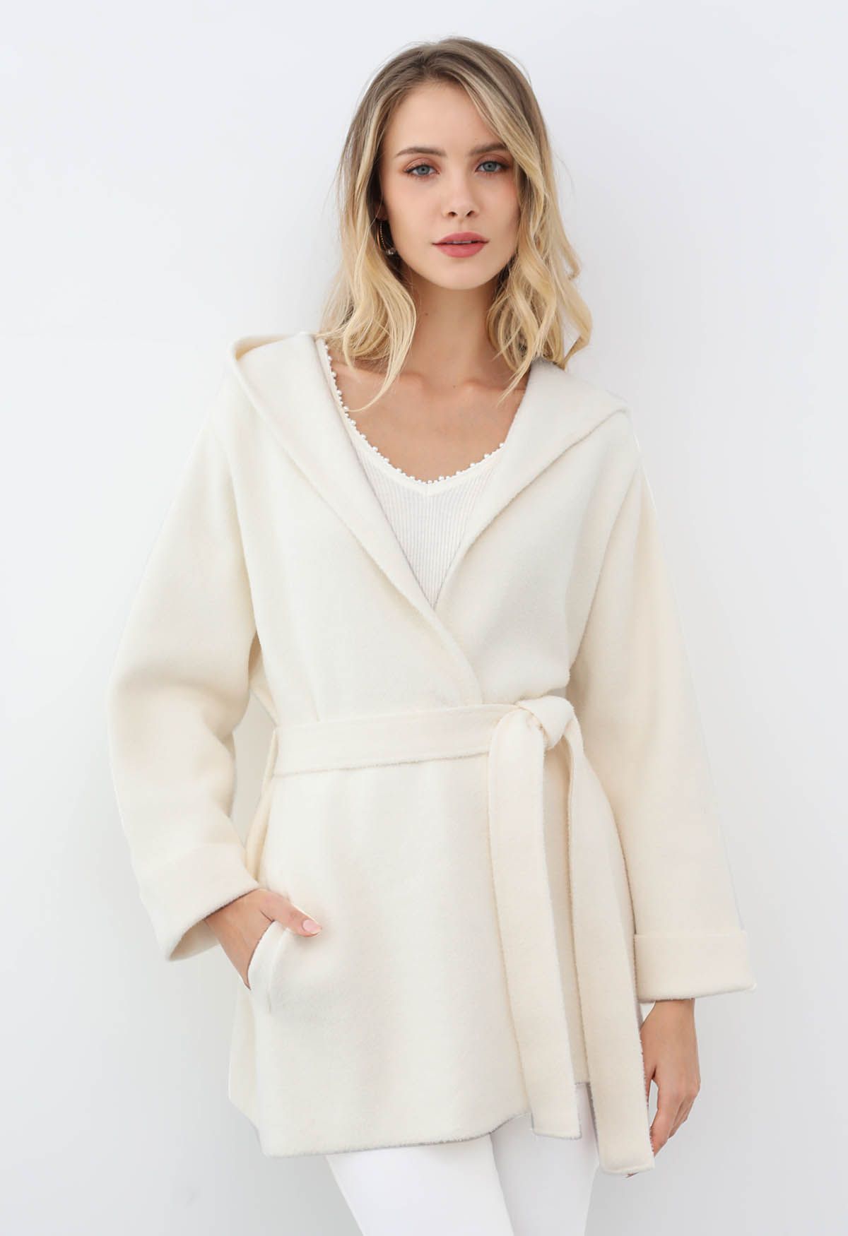 Tender Touch Belted Hooded Knit Coat in Ivory