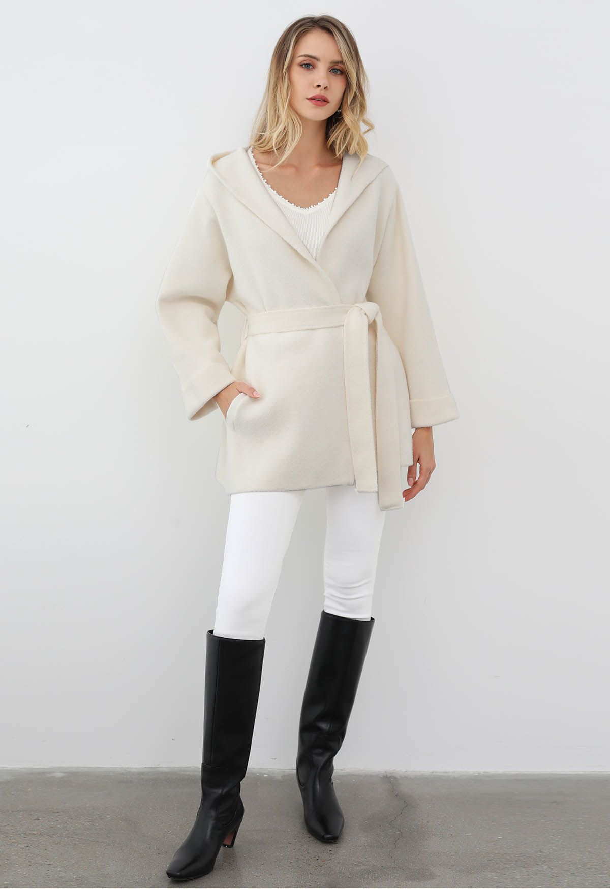 Tender Touch Belted Hooded Knit Coat in Ivory