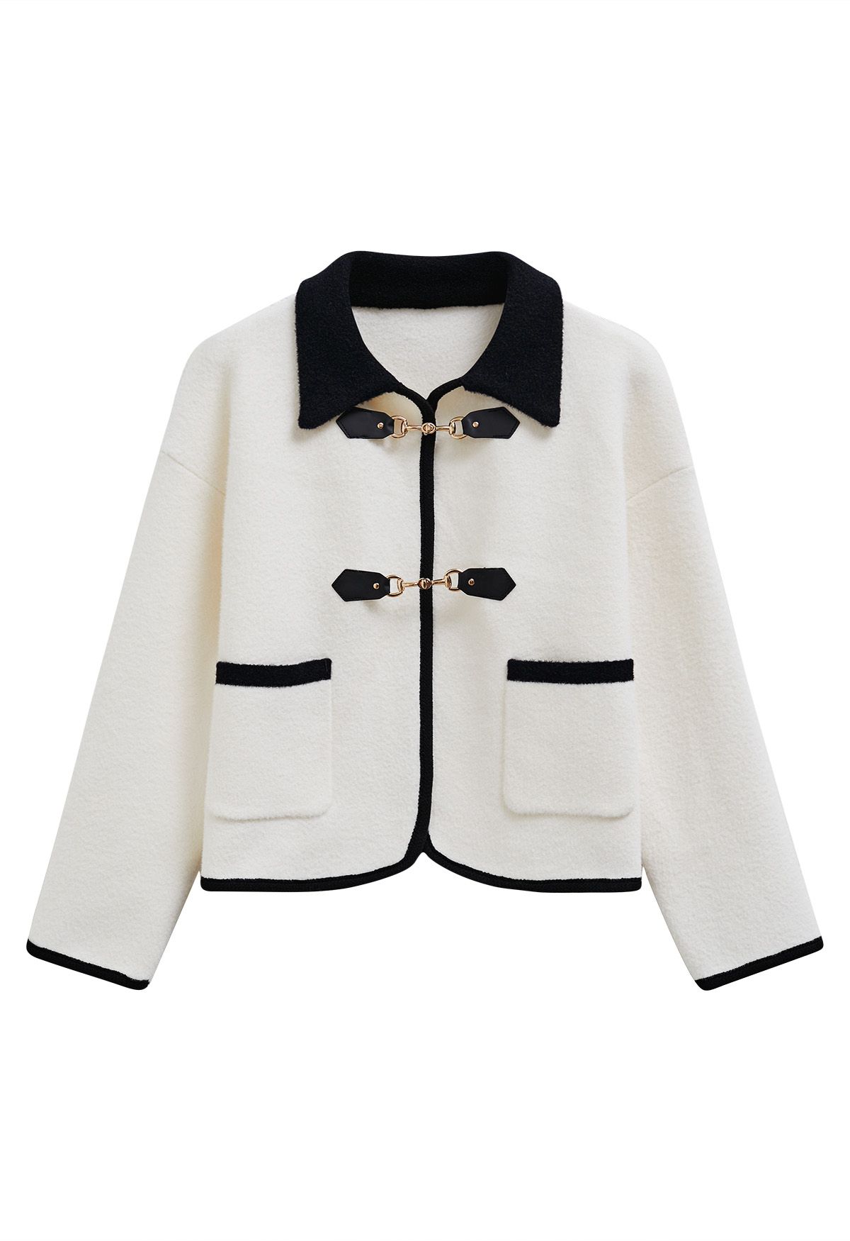 Contrast Horsebit Fastening Knit Cardigan in Ivory