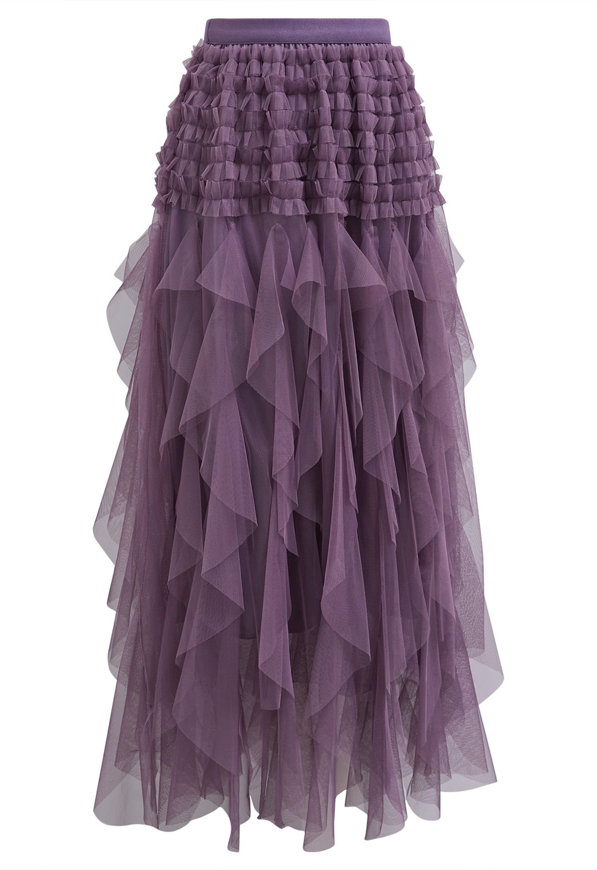 Ruffle Panelled Mesh Tulle Midi Skirt in Purple