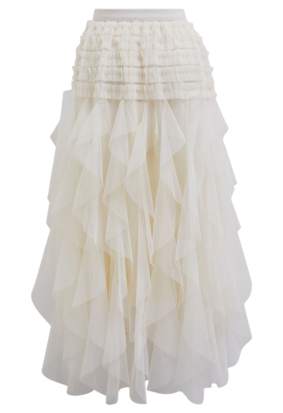 Ruffle Panelled Mesh Tulle Midi Skirt in Ivory