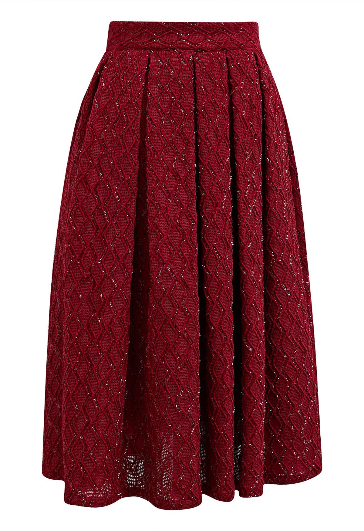 Fringed Zigzag Box Pleat Midi Skirt in Red