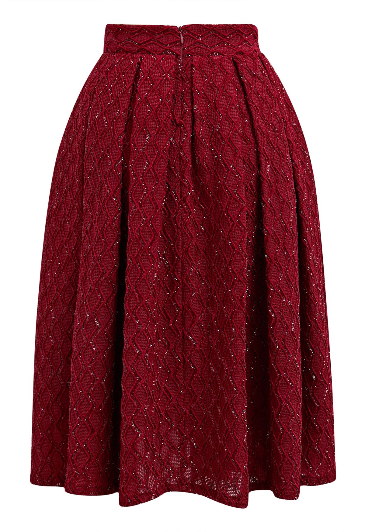 Fringed Zigzag Box Pleat Midi Skirt in Red