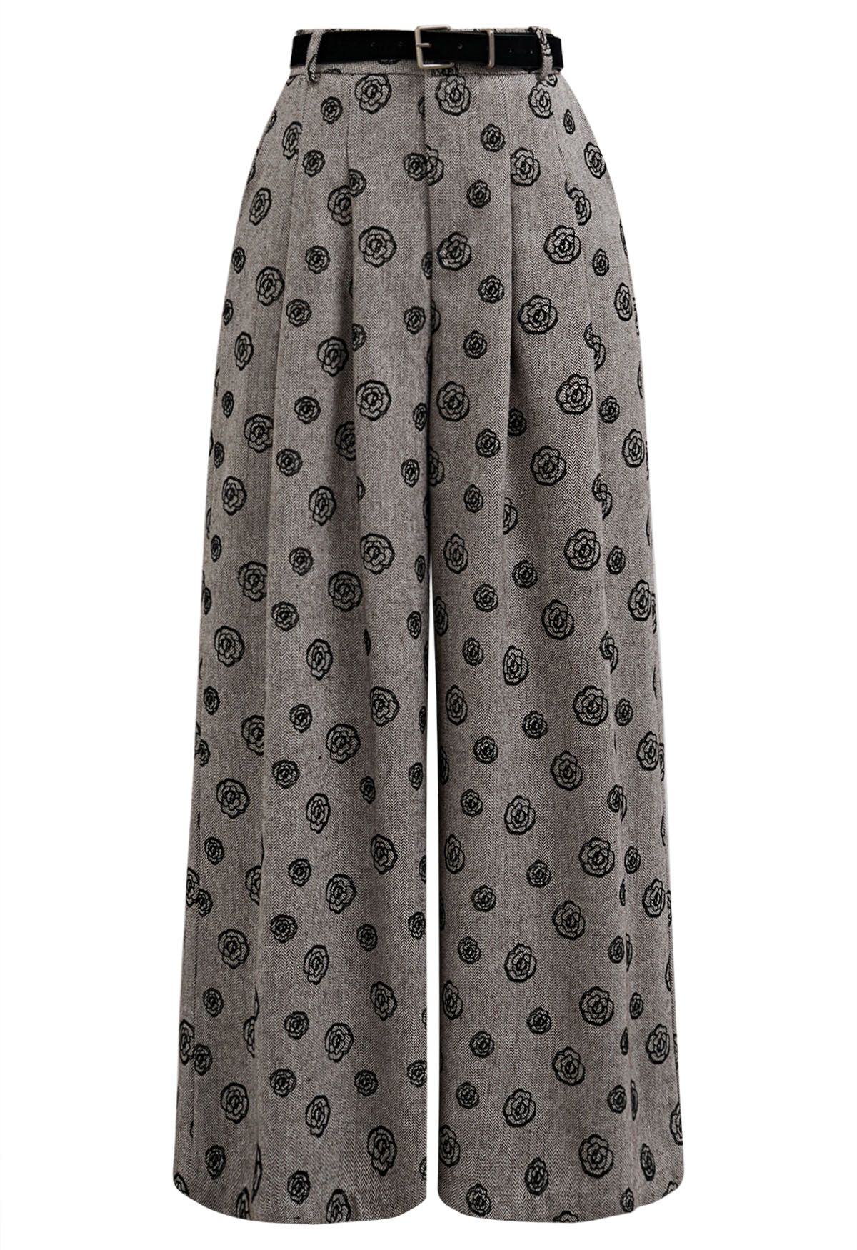 Velvet Rose Printed Herringbone Palazzo Pants with Belt in Khaki