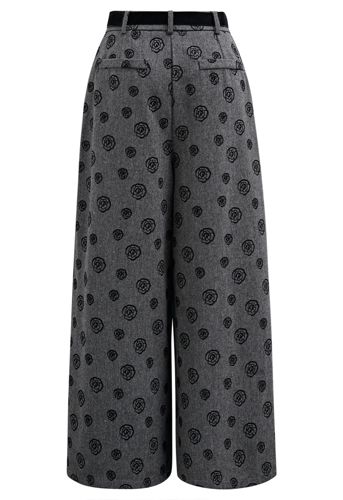 Velvet Rose Printed Herringbone Palazzo Pants with Belt in Smoke