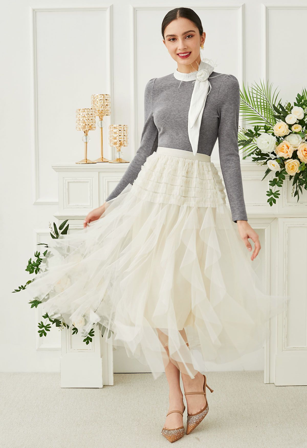 Ruffle Panelled Mesh Tulle Midi Skirt in Ivory