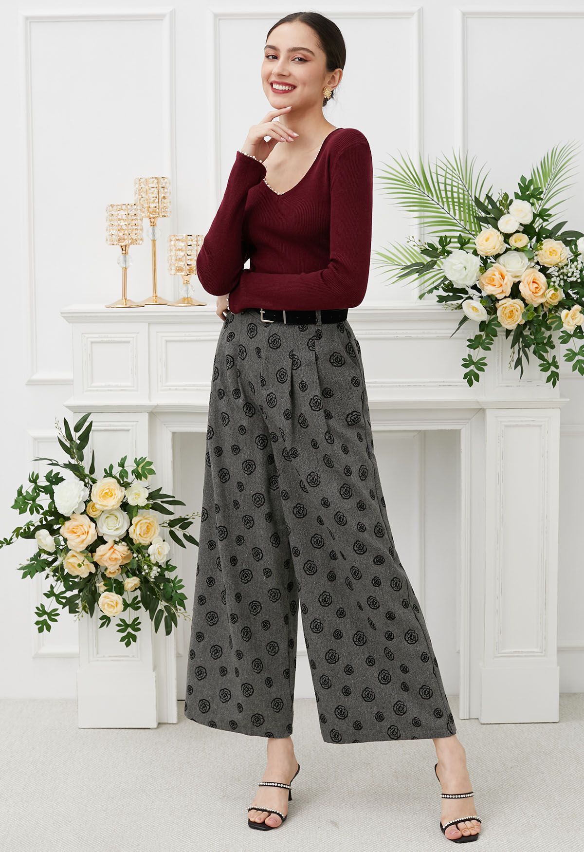 Velvet Rose Printed Herringbone Palazzo Pants with Belt in Smoke