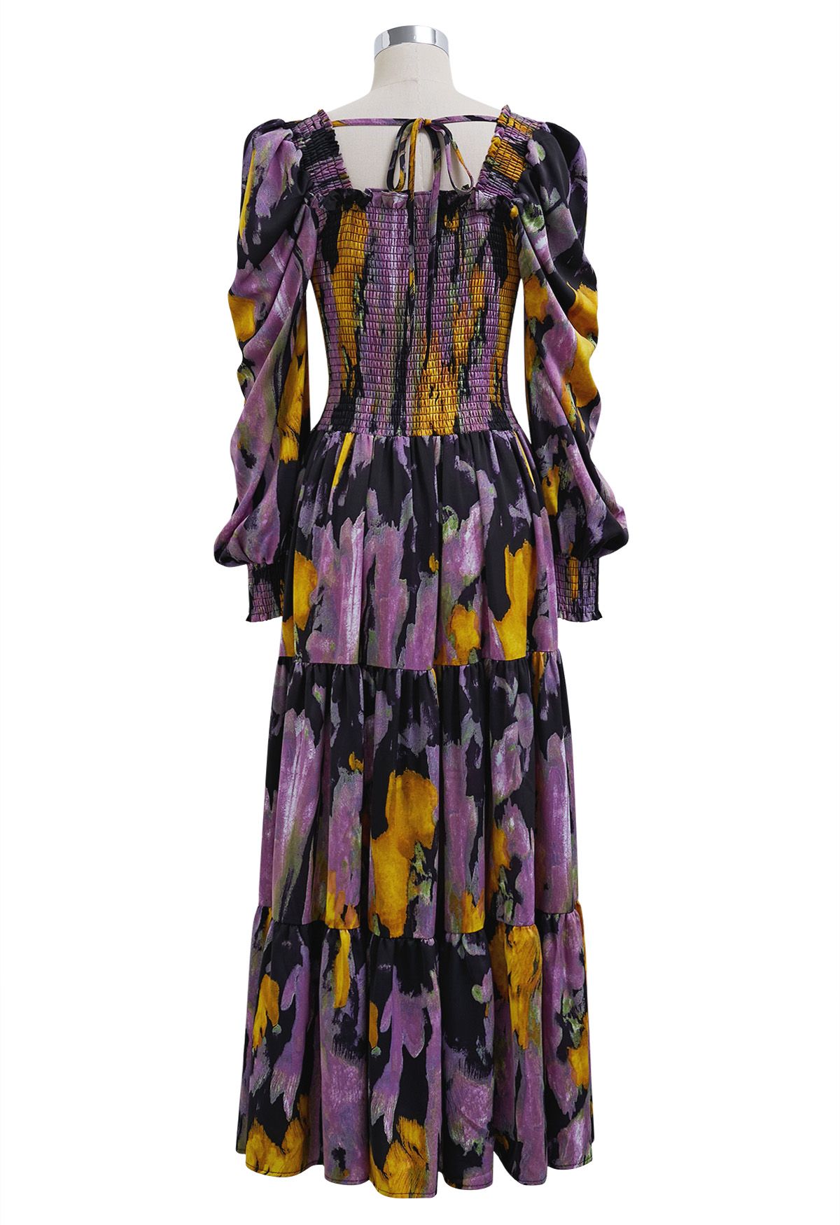 Painting Floral Puff Sleeves Shirred Maxi Dress