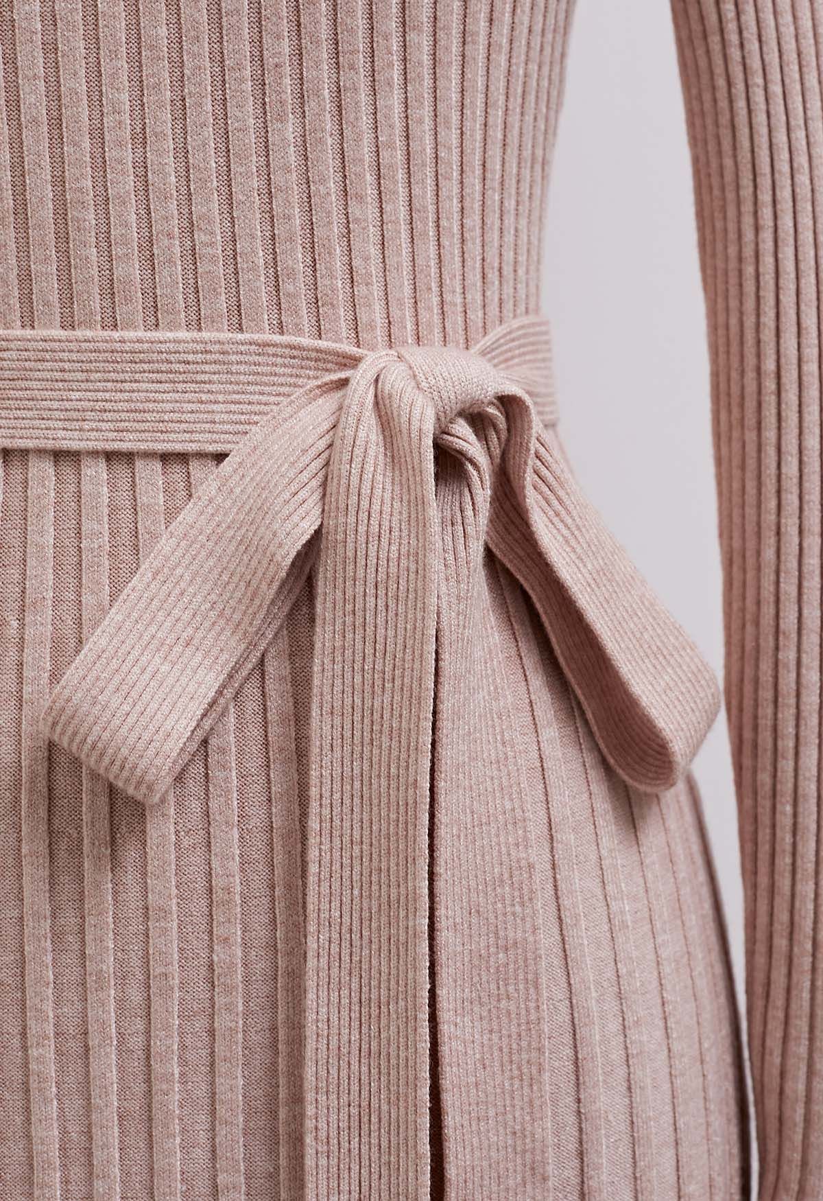 Ruffle Charm Tie Sash Ribbed Knit Dress in Dusty Pink