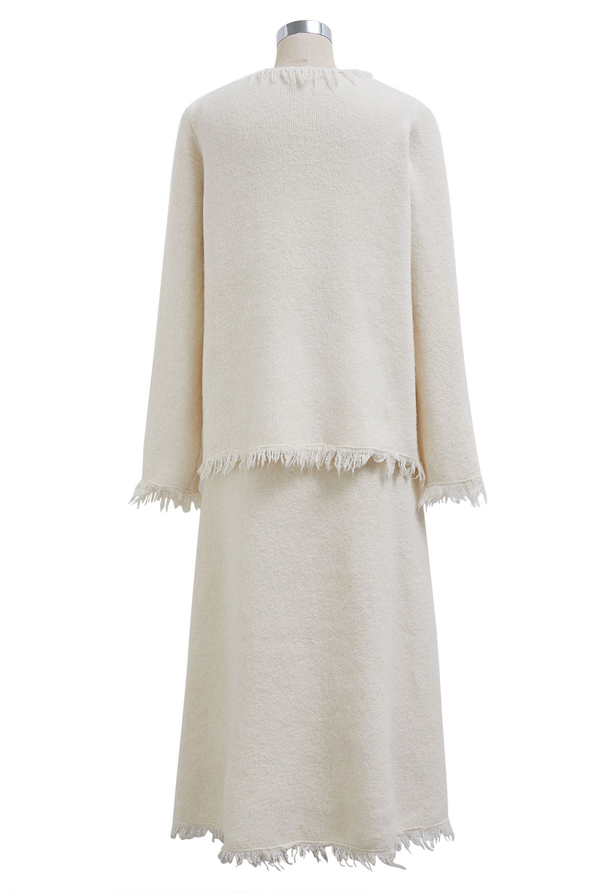 Tassel Trim Knit Cardigan and Skirt Set in Ivory