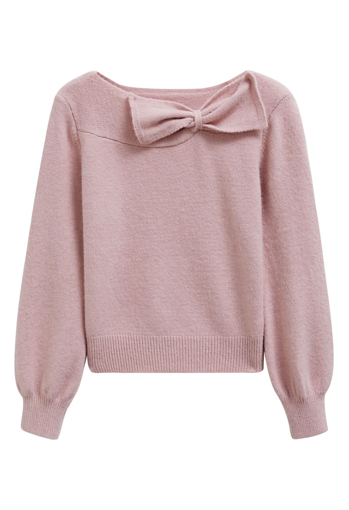 Bowknot-Trimmed Boat Neck Knit Sweater in Pink