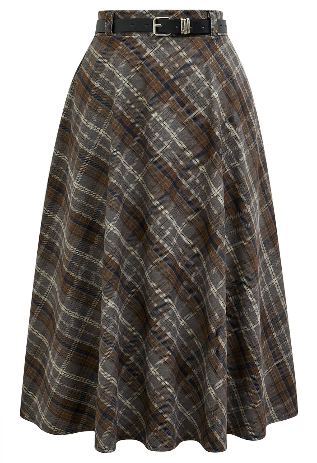 Distinctive Plaid Belted Midi Skirt in Grey