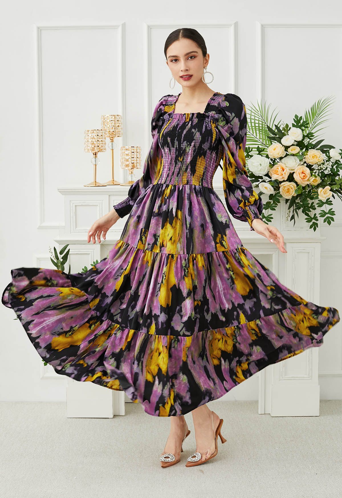 Painting Floral Puff Sleeves Shirred Maxi Dress