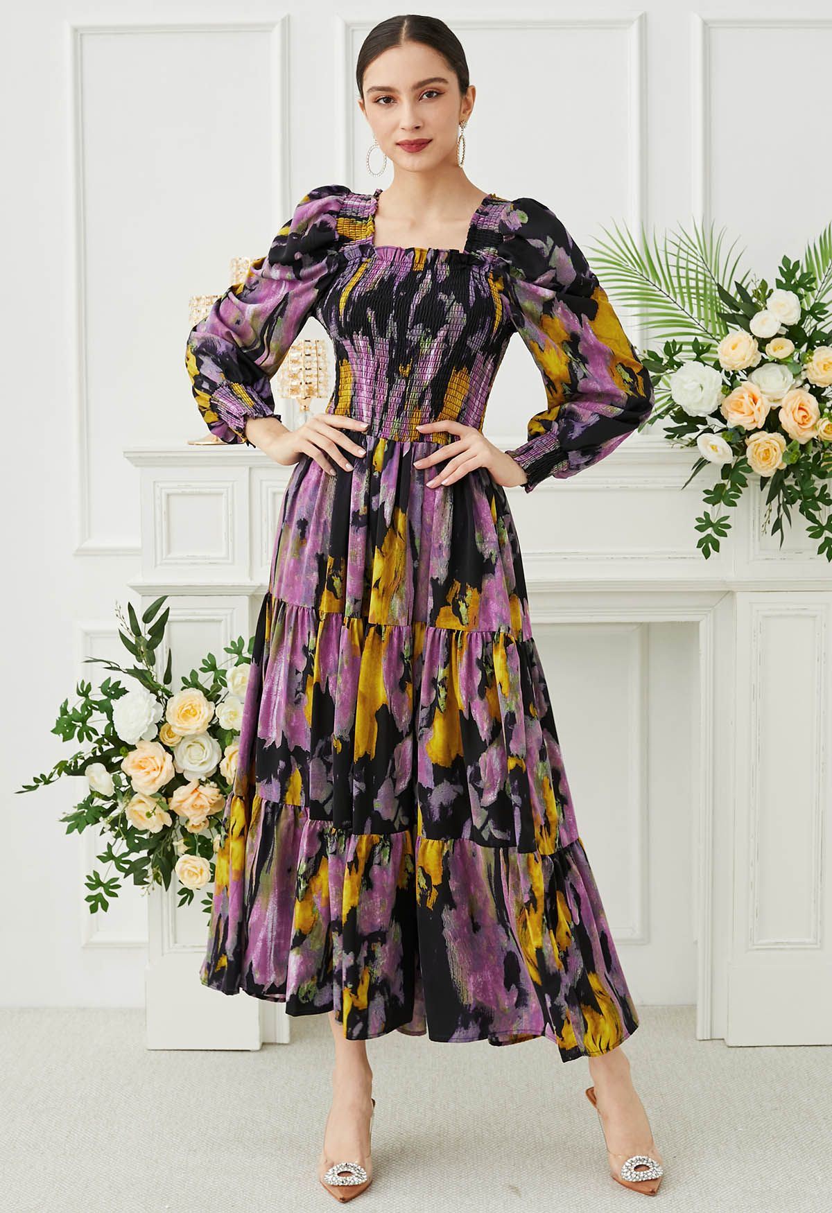 Painting Floral Puff Sleeves Shirred Maxi Dress