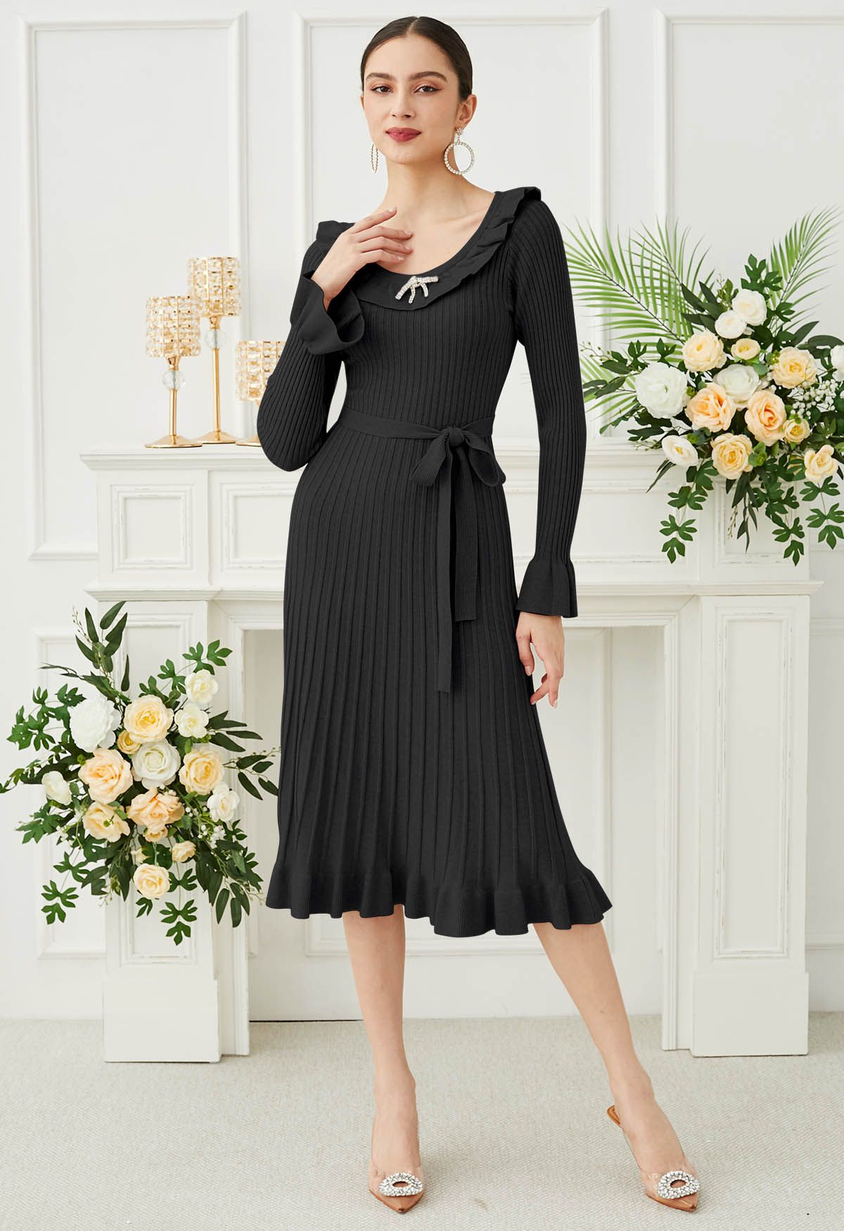 Ruffle Charm Tie Sash Ribbed Knit Dress in Black