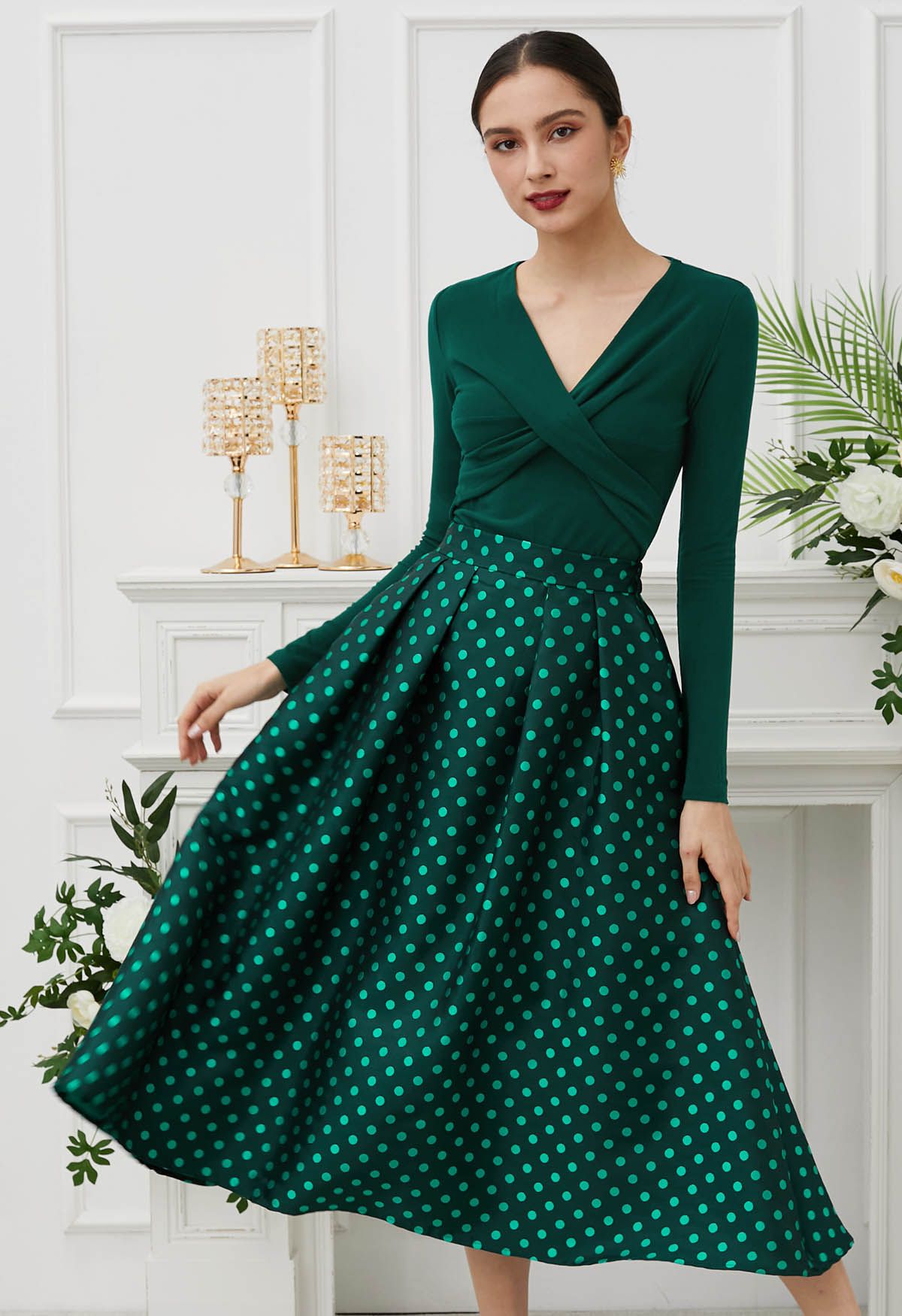 Polka Dot Printed Pleats A-Line Midi Skirt