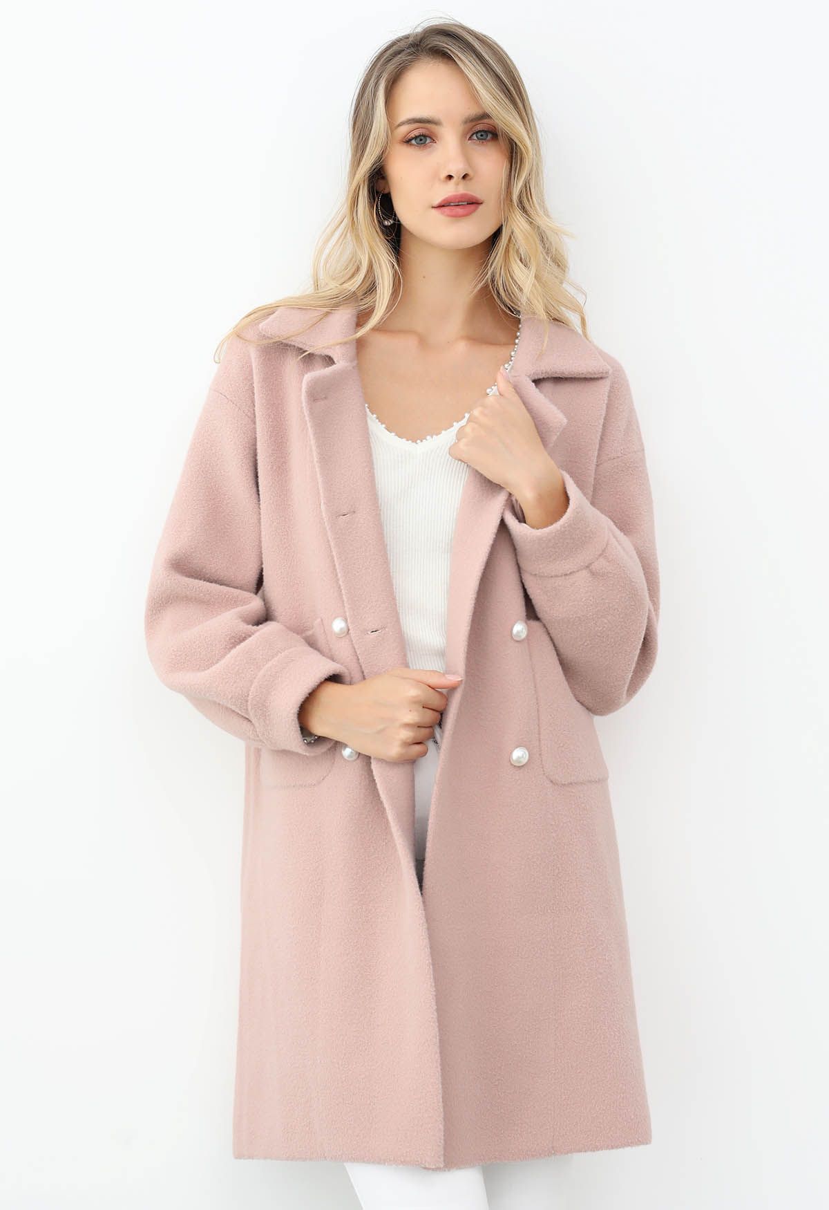 Pearl Double-Breasted Knit Coat in Dusty Pink