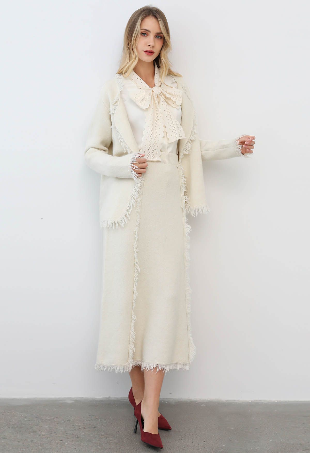 Tassel Trim Knit Cardigan and Skirt Set in Ivory