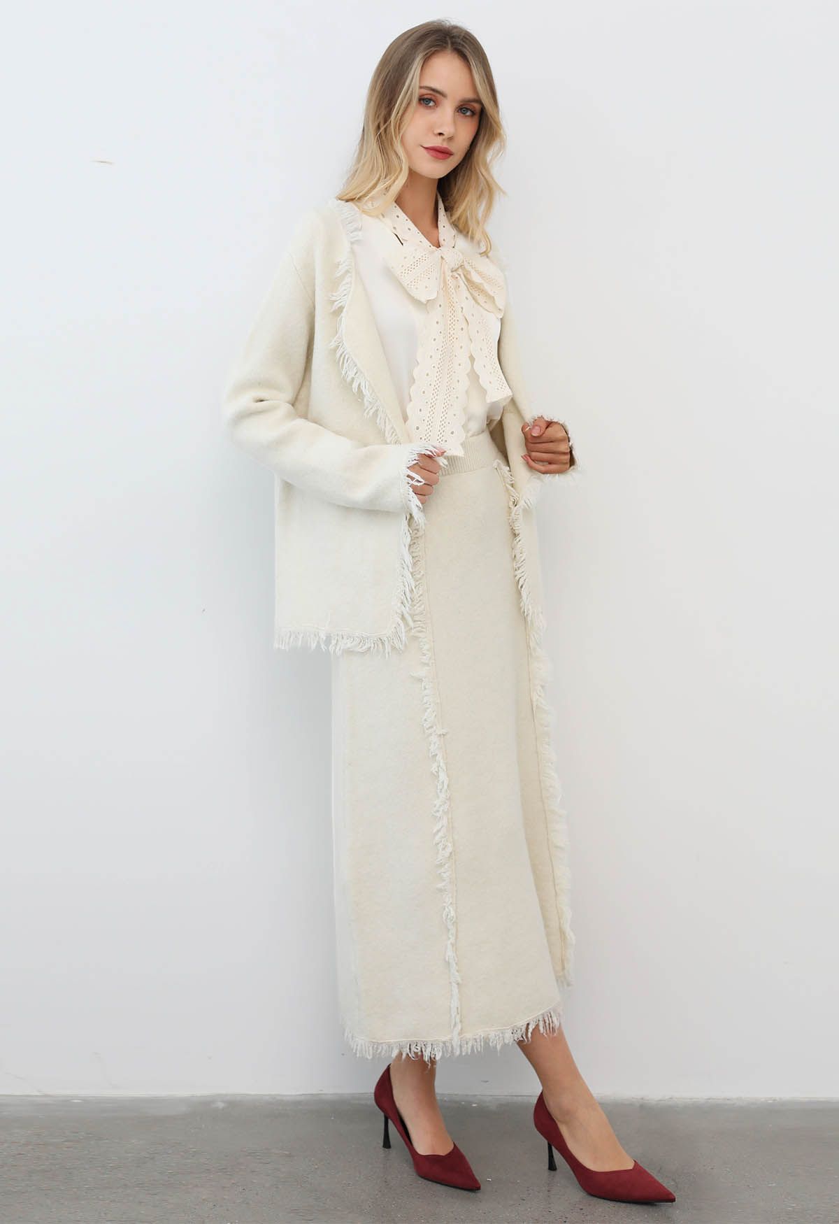 Tassel Trim Knit Cardigan and Skirt Set in Ivory